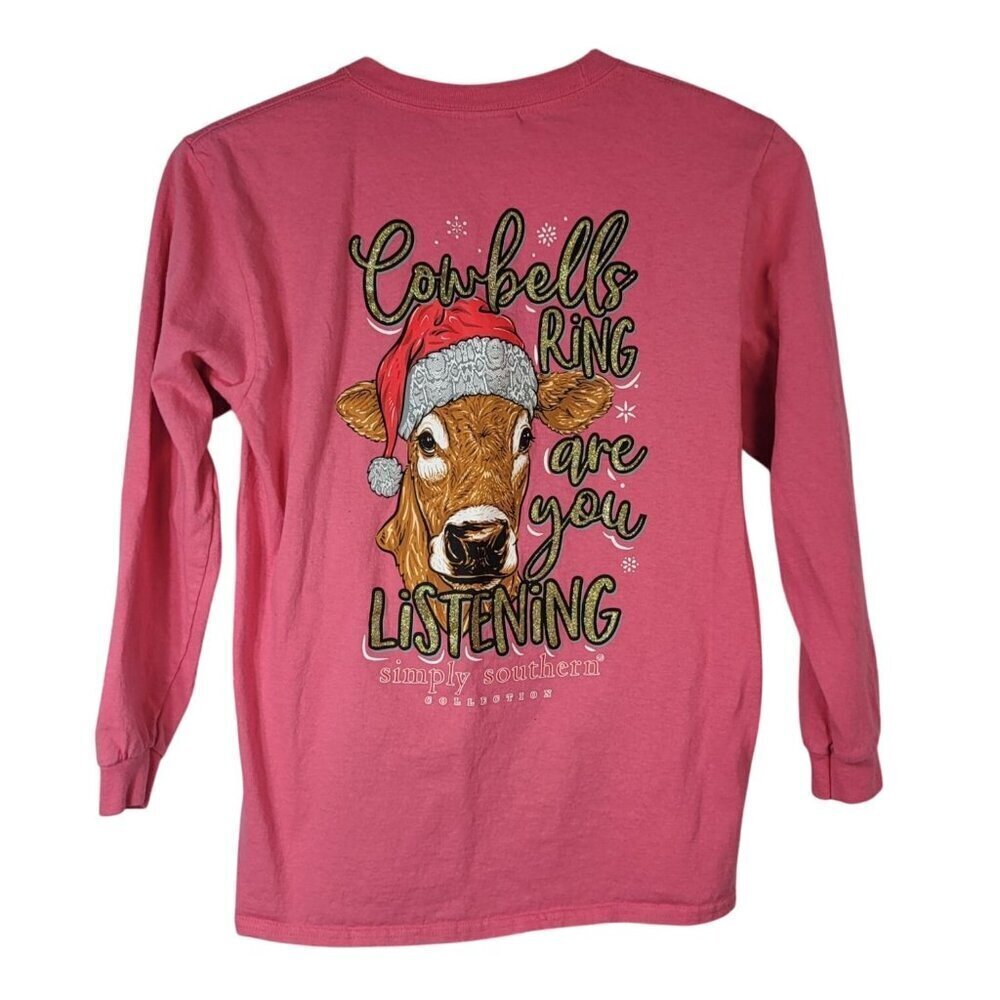 Simply Southern Christmas Cows TShirt Pink Large Cowbells Ring Are You Listening